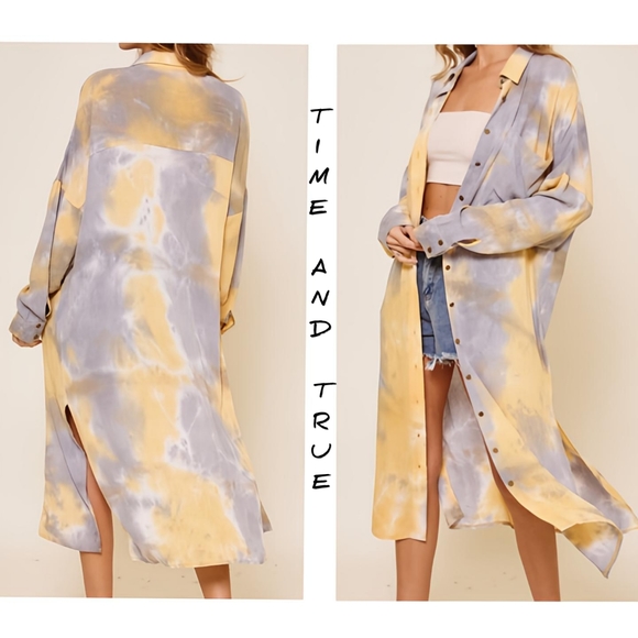 🎁Time and True Yellow/Gray Tie Dye Mix Button Long Sleeve Shirt - Picture 2 of 4